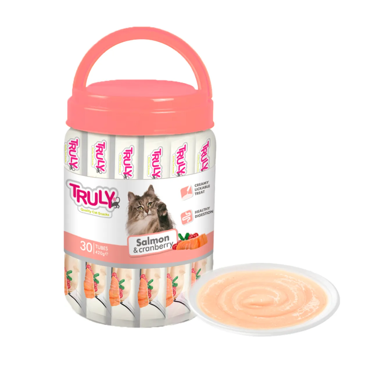 Truly Cat Cremet Slikbar Laks & Tranebær 420g - Blød snack til forkælelse